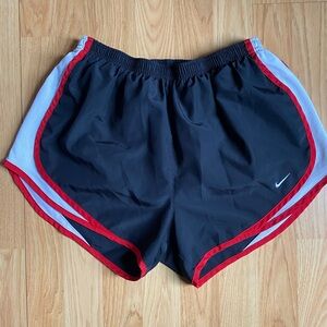 Nike Women’s Black Athletic Shorts with Red Trim and White Panels